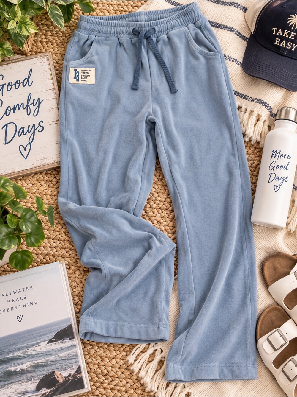 KREWE Light Blue Drawstring Joggers Sweatpants World Cities Patch Size XL